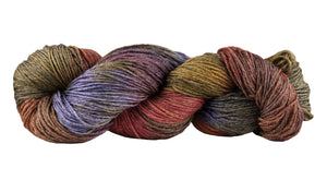 Skein of Manos del Uruguay Feliz Space-Dyed DK weight yarn in the color Autumn (Red) for knitting and crocheting.