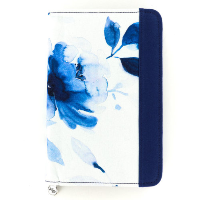 Knitter's Pride brand Blossom zippered, fixed circular needle case can store up to 22 pairs of fixed circular needles.  Blue and white, watercolor floral pattern cover with drak blue interior. The suede-like lining protects and a zippered interior pocket  holds small accessories. Compactly sized to fit neatly in a project case or purse, this is ideal for the traveling knitter.