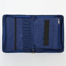 Load image into Gallery viewer, Knitter&#39;s Pride brand Blossom zippered, interchangeable needle case can store up to 24 needle tips. Blue and white, watercolor floral pattern cover with drak blue interior. The suede-like lining protects and a zippered interior pocket holds multiple cords.
