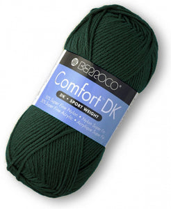 Skein of Berroco Comfort DK DK weight yarn in the color Spruce (Green) for knitting and crocheting.