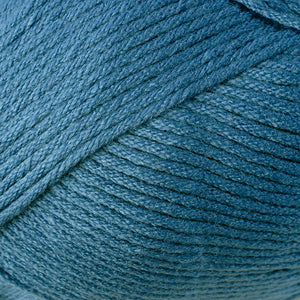 Skein of Berroco Comfort Worsted Worsted weight yarn in the color Cadet (Blue) for knitting and crocheting.