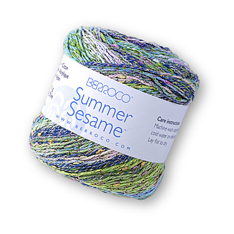 A skein of Berroco Summer Sesame yarn in the mint colorway.