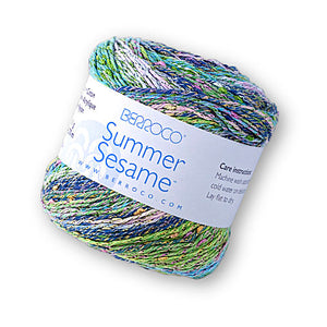 A skein of Berroco Summer Sesame yarn in the mint colorway.