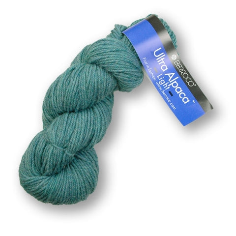 Skein of Berroco Ultra Alpaca Light DK weight yarn in the color Turquoise Mix (Blue) for knitting and crocheting.