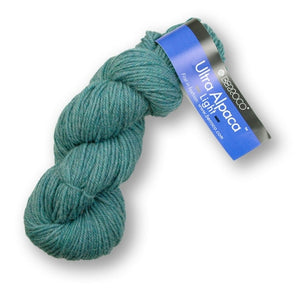 Skein of Berroco Ultra Alpaca Light DK weight yarn in the color Turquoise Mix (Blue) for knitting and crocheting.