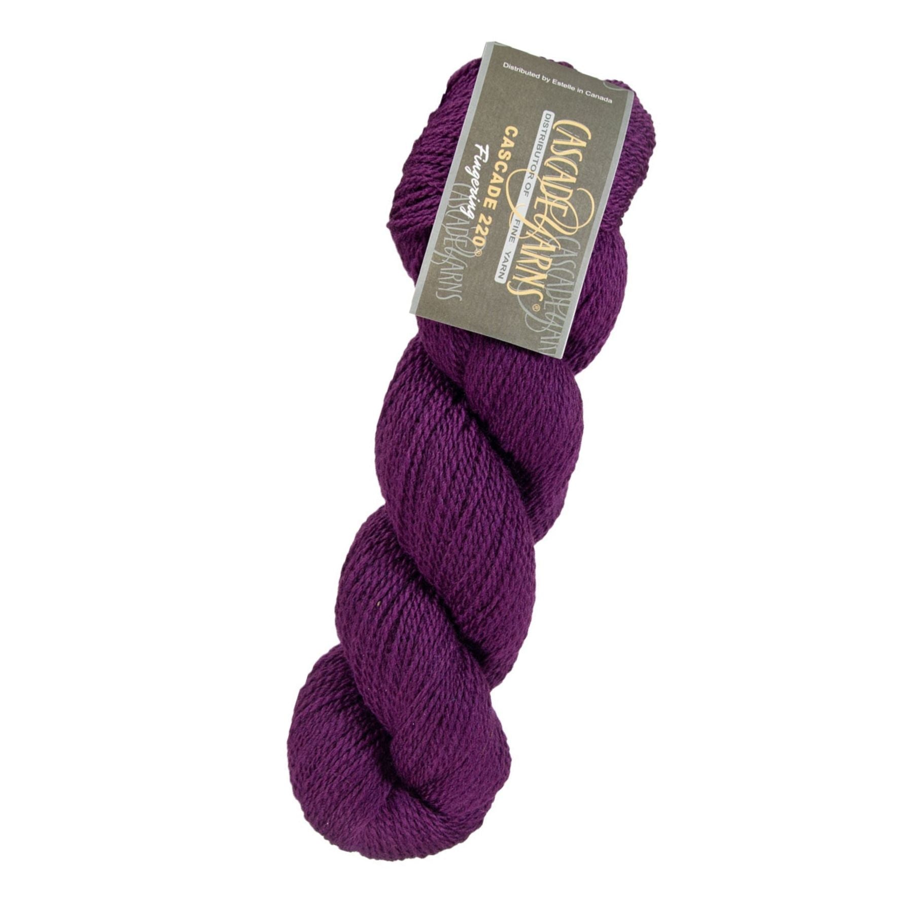 Skein of Cascade 220 Fingering Sock weight yarn in the color Dark Plum (Purple) for knitting and crocheting.