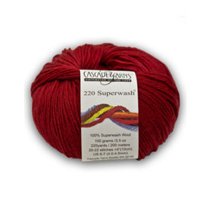 Skein of Cascade 220 Superwash Worsted weight yarn in the color Really Red (Red) for knitting and crocheting.