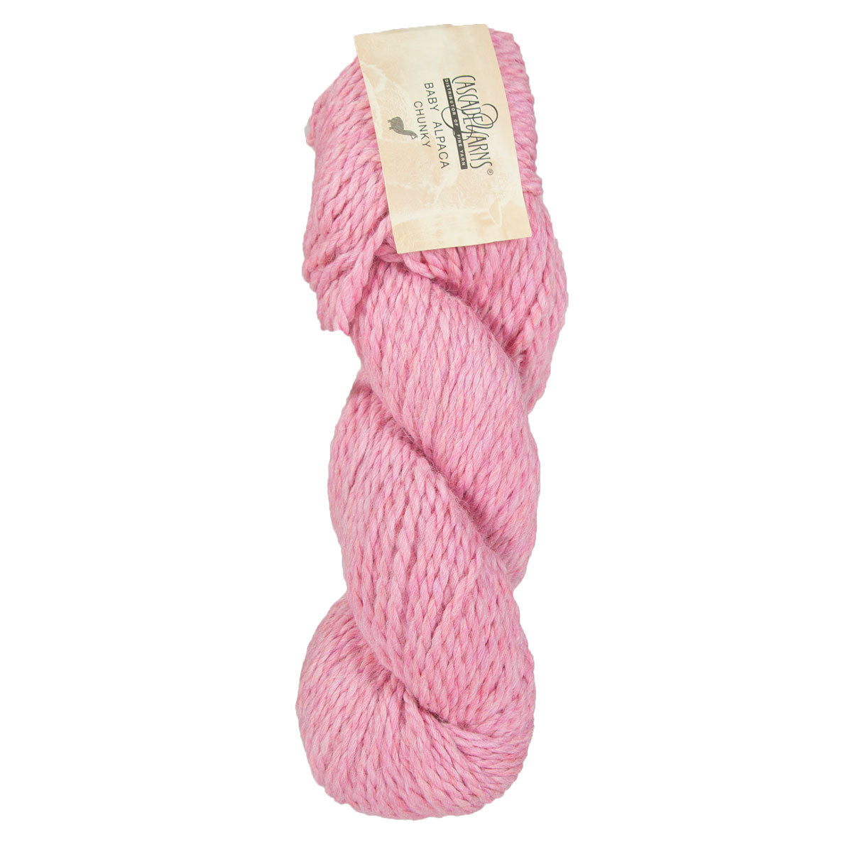 Skein of Cascade Baby Alpaca Chunky Bulky weight yarn in the color Petal Bloom (Pink) for knitting and crocheting.