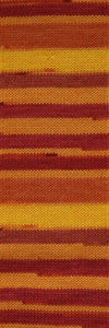 Skein of Cascade Heritage Prints Sock weight yarn in the color Flames Stripe (Red) for knitting and crocheting.