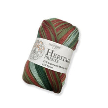 Load image into Gallery viewer, Skein of Cascade Heritage Prints Sock weight yarn in the color Holidaze Stripe (Red &amp; Green) for knitting and crocheting.
