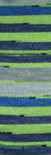 Load image into Gallery viewer, Skein of Cascade Heritage Prints Sock weight yarn in the color Seattle Stripe (Blue and Green) for knitting and crocheting.
