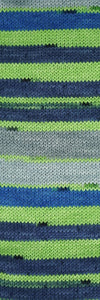 Skein of Cascade Heritage Prints Sock weight yarn in the color Seattle Stripe (Blue and Green) for knitting and crocheting.