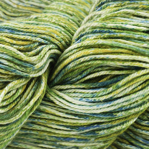 Skein of Cascade Nifty Cotton Splash Worsted weight yarn in the color Sunflower (Green) for knitting and crocheting.