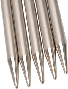 Close up of tips of 6" long ChiaoGoo Premium Stainless Steel Double-Pointed Needles for knitting.