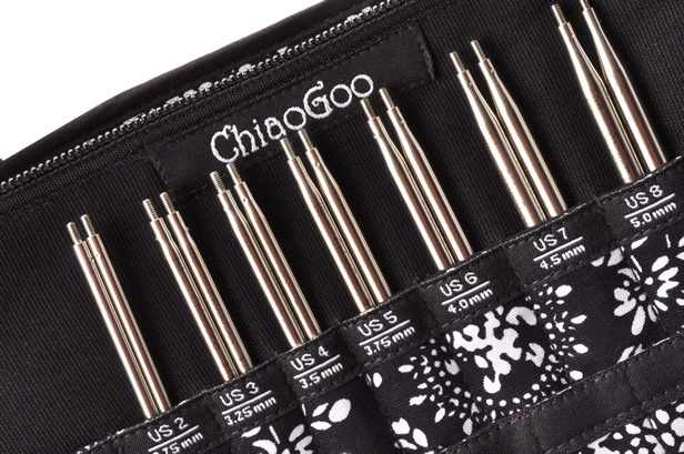 Close up of the knitting needles in a set of interchangeable ChiaoGoo Premium Stainless Steel Circular Needles for knitting.