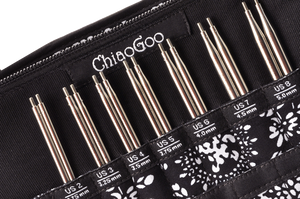 Close up of the knitting needles in a set of interchangeable ChiaoGoo Premium Stainless Steel Circular Needles for knitting.