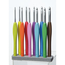 Load image into Gallery viewer, Colorful display of 10 varied sizes of Clover Amour Crochet Hooks
