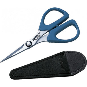A pair ofclover mini patchwork scissors and the leather sheath that protects the blades.