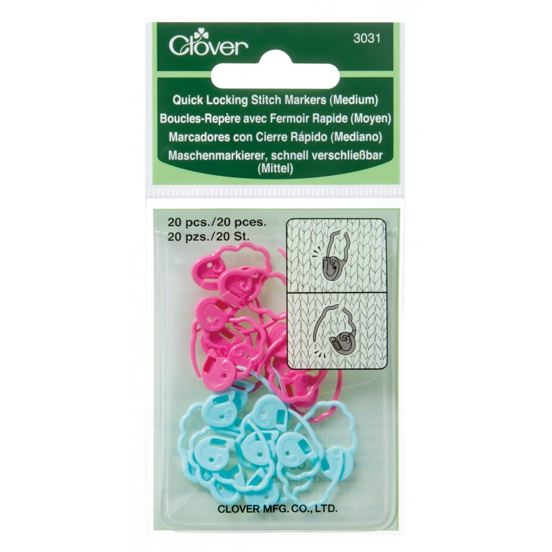 Set of pink and blue Clover Quick-Locking Medium Stitch Markers in packaging.