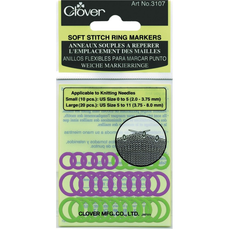 Clover Soft Stitch Ring Markers for knitting, Set of 30 in small and large sizes.