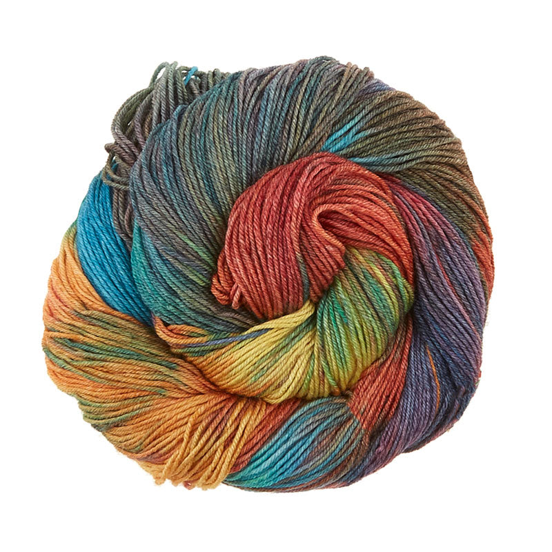 Skein of Manos del Uruguay Feliz Space-Dyed DK weight yarn in the color Huarache (Multi) for knitting and crocheting.
