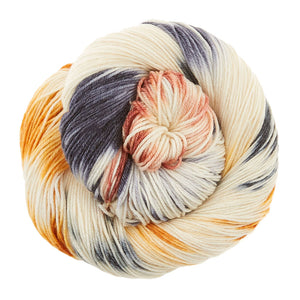 Skein of Manos del Uruguay Feliz Space-Dyed DK weight yarn in the color Log Cabin (Multi) for knitting and crocheting.