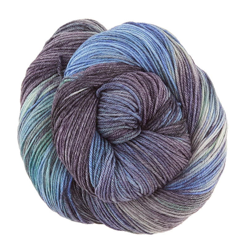 Skein of Manos del Uruguay Feliz Space-Dyed Sport weight yarn in the color Marble (Purple) for knitting and crocheting.