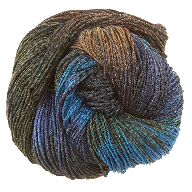 Skein of Manos del Uruguay Feliz Space-Dyed DK weight yarn in the color Stellar (Blue) for knitting and crocheting.