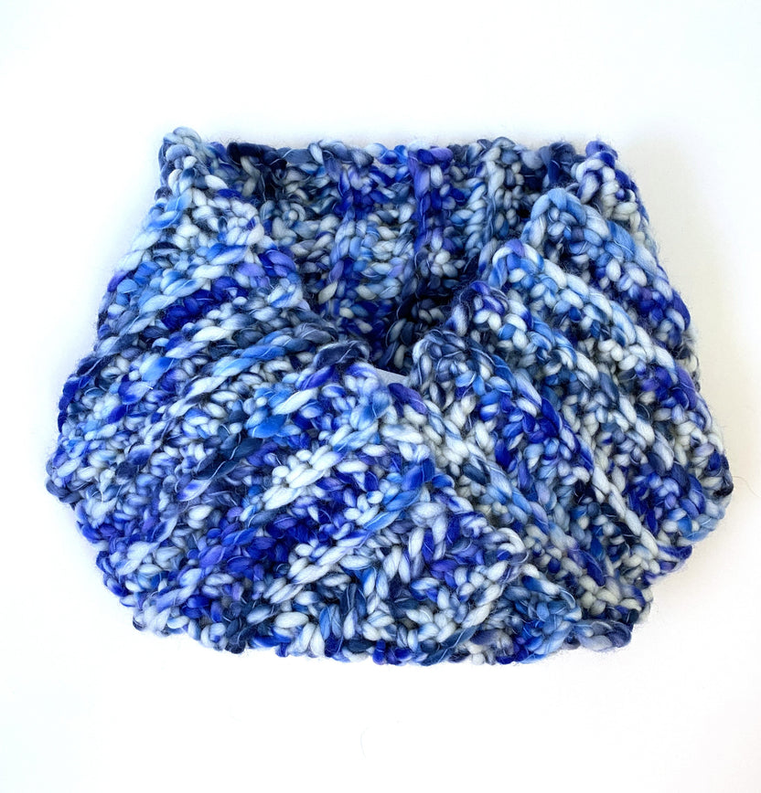 Crocheted cowl in  Berroco Coco Super Bulky weight yarn in the color Coast (Blue) 