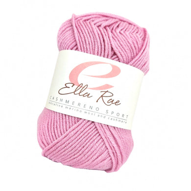 Skein of Ella Rae Cashmereno Sport Sport weight yarn in the color Thistle (Pink) for knitting and crocheting.