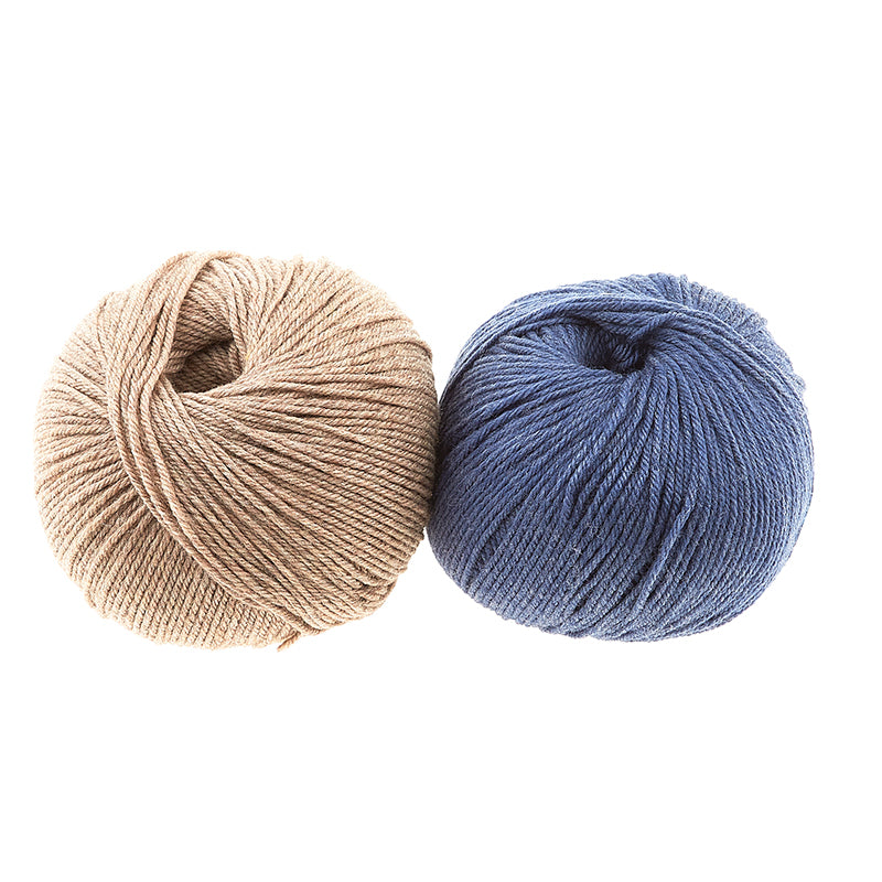 Two balls of Cascade 220 Superwash are shown, in colors Doeskin Heather (tan) and Colonial Blue Heather (Blue).