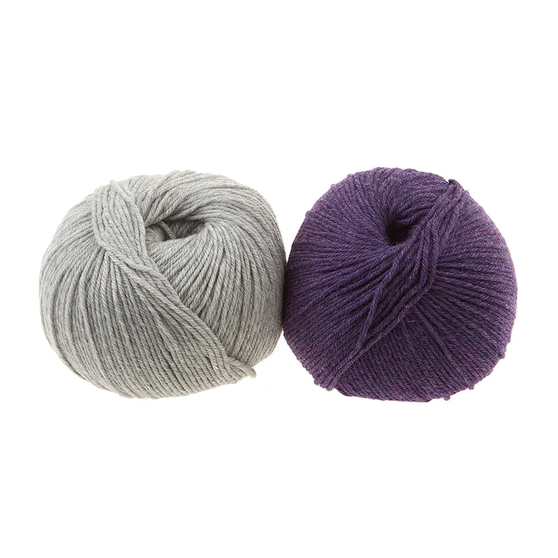 Two balls of Cascade 220 Superwash are shown, in colors Silvery Grey and Mystic Purple.