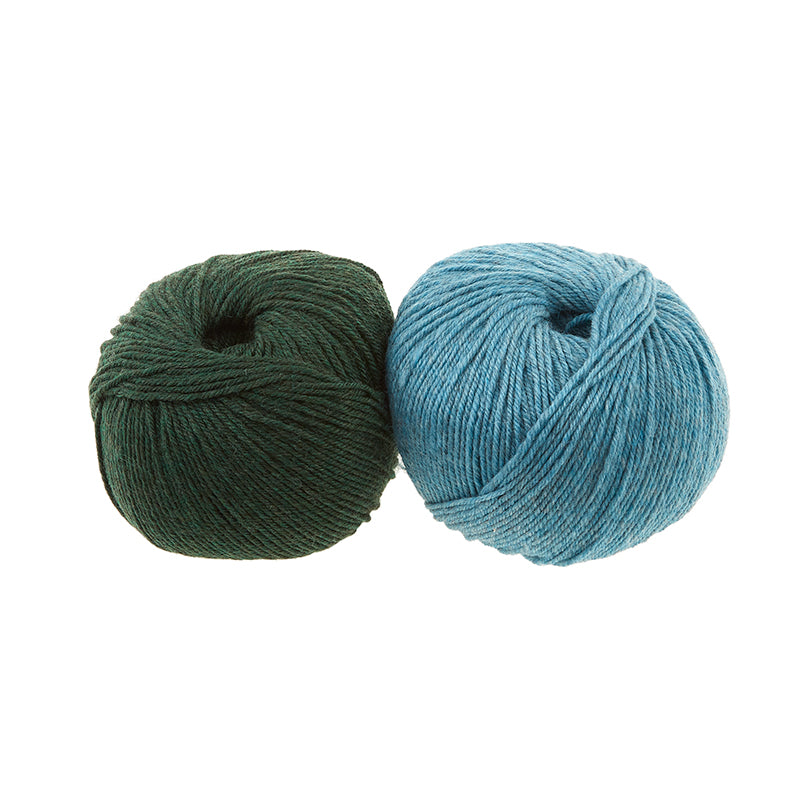 Two balls of Cascade 220 Superwash are shown, in colors Shire (Green) and Summer Sky Heather (Blue).