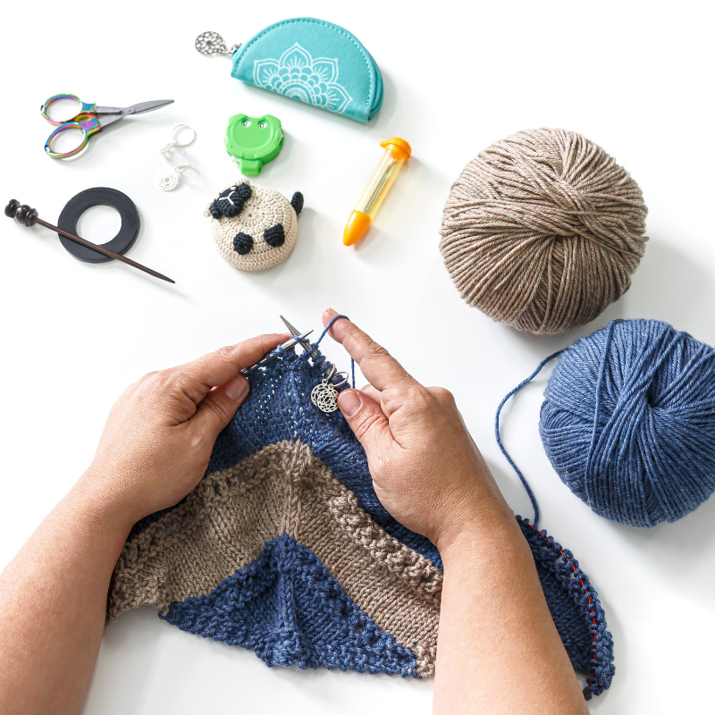One Big Happy Yarn Co Eyelet Shawl Knit-along - in progress with yarn and notions