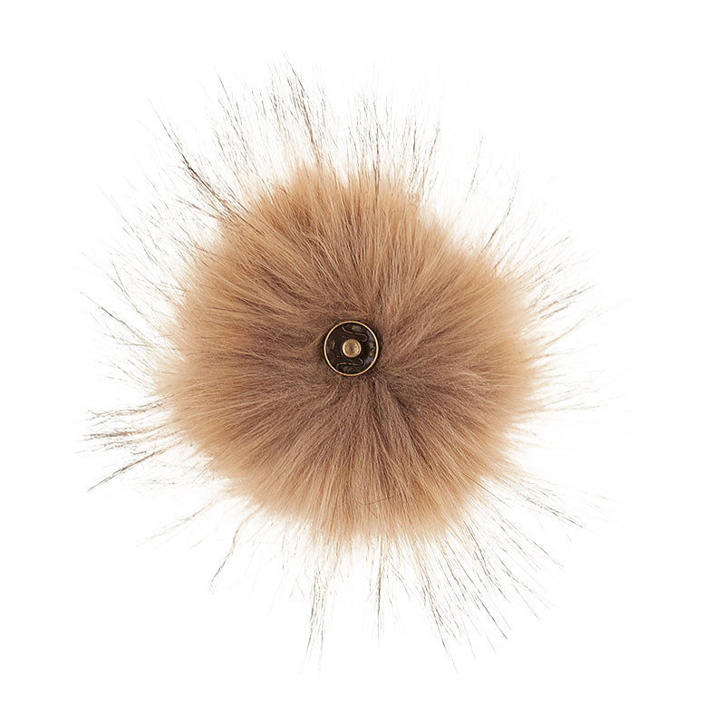 A soft and fuzzy, faux(fake) fur pom pom with a built-in snap on attachment that makes it easy to add to, and remove from, any project. This pom pom is a beige color with darker brown on the tips.