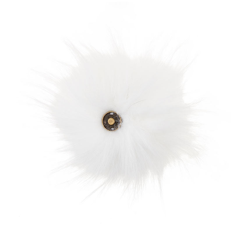 A soft and fuzzy, faux(fake) fur pom pom with a built-in snap on attachment that makes it easy to add to, and remove from, any project. This pom pom is white..