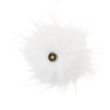 Load image into Gallery viewer, A soft and fuzzy, faux(fake) fur pom pom with a built-in snap on attachment that makes it easy to add to, and remove from, any project. This pom pom is white..
