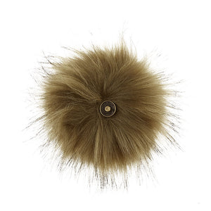 A soft and fuzzy, faux(fake) fur pom pom with a built-in snap on attachment that makes it easy to add to, and remove from, any project. This pom pom is khaki