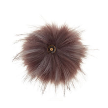Load image into Gallery viewer, A soft and fuzzy, faux(fake) fur pom pom with a built-in snap on attachment that makes it easy to add to, and remove from, any project. This pom pom is brown and grey variegated.
