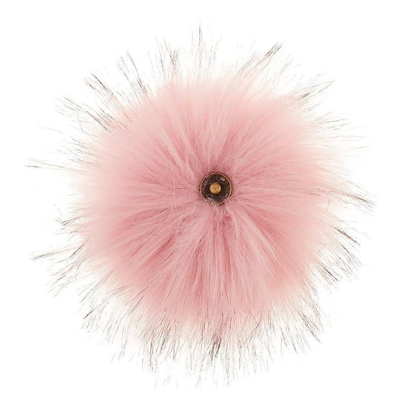 A soft and fuzzy, faux(fake) fur pom pom with a built-in snap on attachment that makes it easy to add to, and remove from, any project. This pom pom is pink. with dark tips