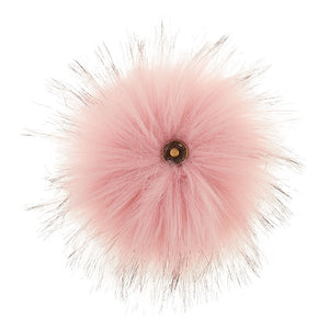 A soft and fuzzy, faux(fake) fur pom pom with a built-in snap on attachment that makes it easy to add to, and remove from, any project. This pom pom is pink. with dark tips