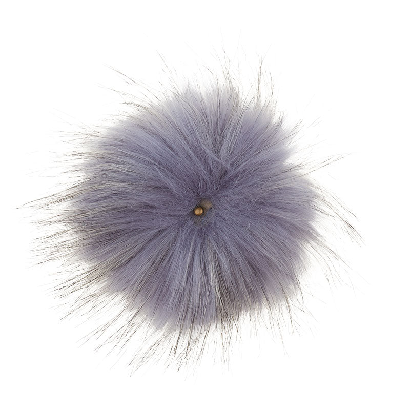 A soft and fuzzy, faux(fake) fur pom pom with a built-in snap on attachment that makes it easy to add to, and remove from, any project. This pom pom is pale blue/purple with dark tips