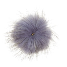 Load image into Gallery viewer, A soft and fuzzy, faux(fake) fur pom pom with a built-in snap on attachment that makes it easy to add to, and remove from, any project. This pom pom is pale blue/purple with dark tips
