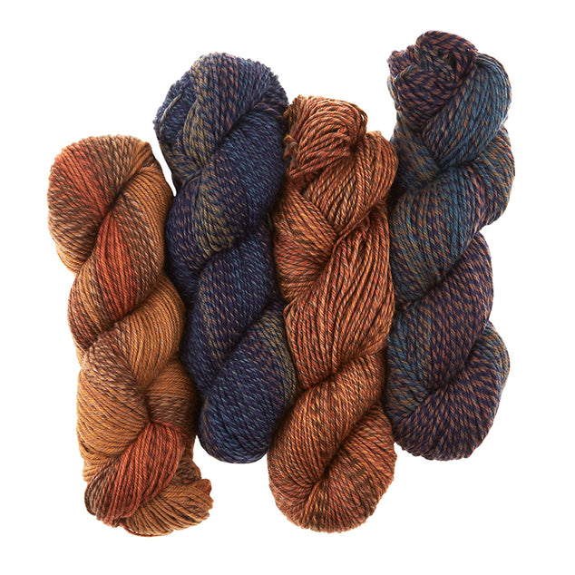 4 skeins of Cascade 220 Superwash Wave are shown in Dusk (Blue) and Woodsy (Tan). The yarn is plied and has a long fading effect.