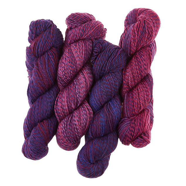 4 skeins of Cascade 220 Superwash Wave are shown in Petunia (light purple) and Grapes (purple). The yarn is plied and has a long fading effect.