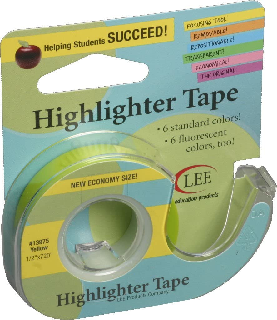 Yellow highlighter tape is shown in a plastic dispenser and packaging.