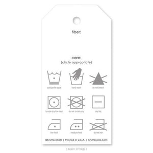The back side of the gift tags is shown, with care instruction symbols and fields for recording fiber and care.