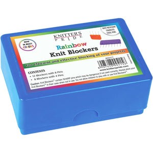 Box of Knitter's Pride colorful blocking pins for knitting and crochet projects.