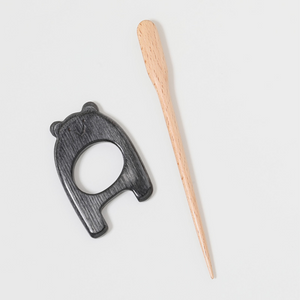 2 piece Shawl Pins come with both pin and brooch. Most brooches average 2¼-2½" in diameter.  Featuring carved details turning the brooch into a sweet bear shape in a grey/black stain with a blonde wood pin.