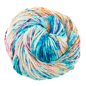 Skein of Madelinetosh TML Triple Twist Worsted weight yarn in color Video Baby (Multi) for knitting and crocheting.